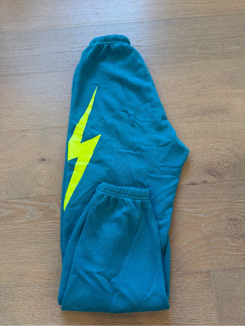 Aviator Nation Teal Sweatpants with Neon Yellow Lightning